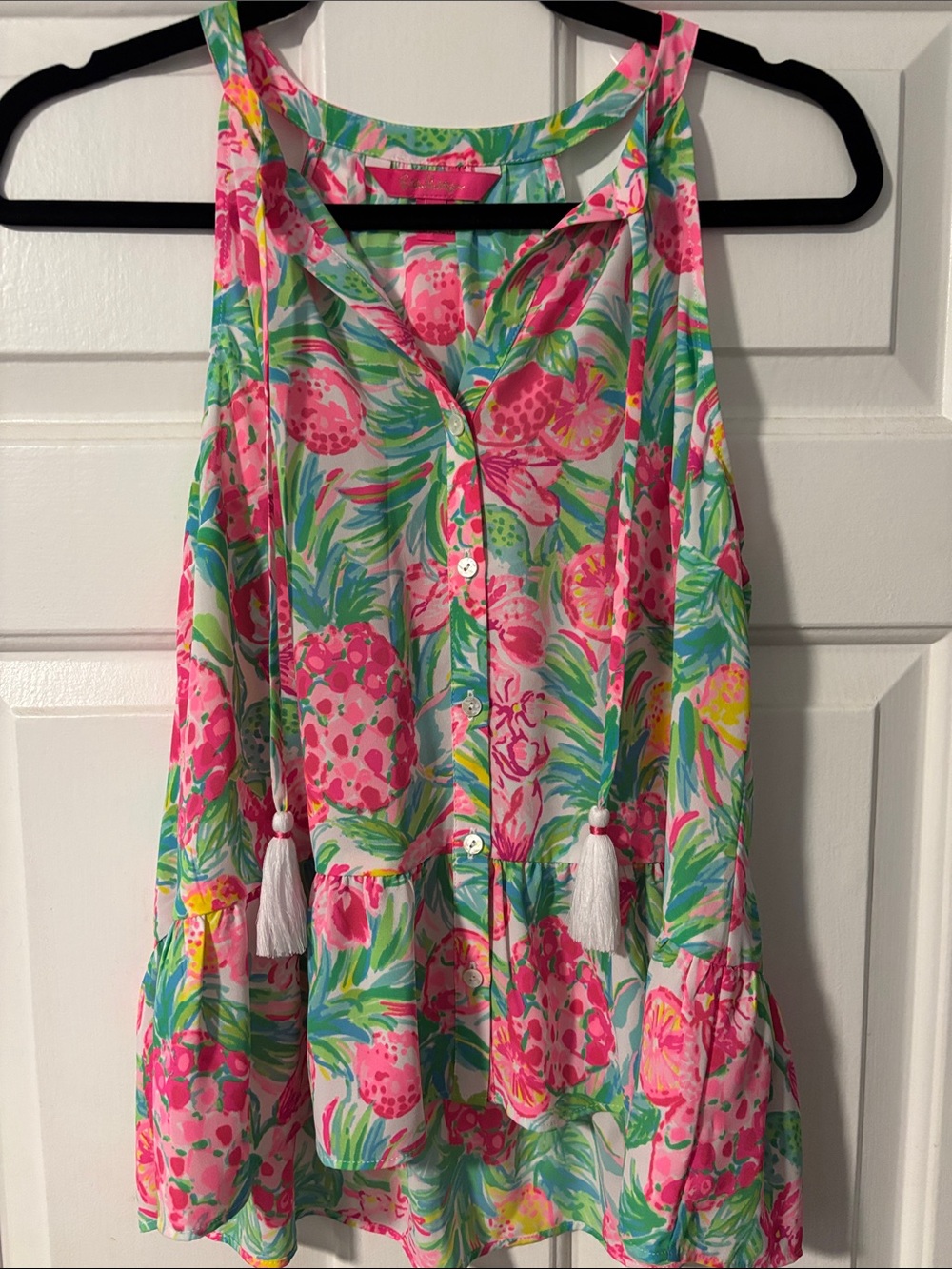 Lilly Pulitzer Floral Pink & Green Sleeveless button down Halter Top Size Small